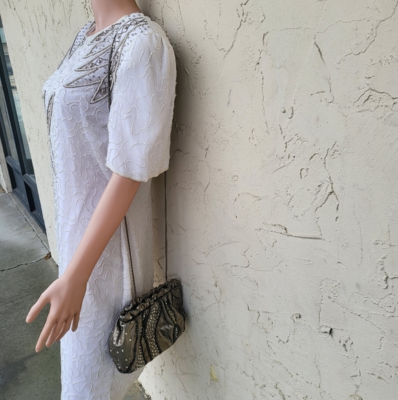 Vintage White and Taupe Beaded Cocktail Dress - Picture 5 of 10